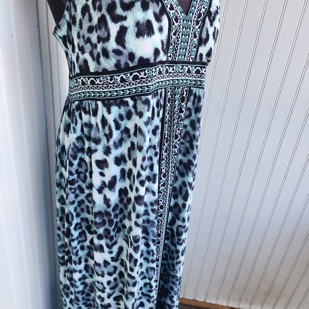 INC Internationa Leopard Print Maxi Dress Crisscross Back Blue Stretch V-Neck XL - Picture 4 of 14